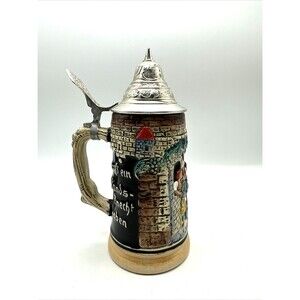 Vintage W German Hand-Painted Stoneware "Restless Times Castle" Stein-Pewter Lid